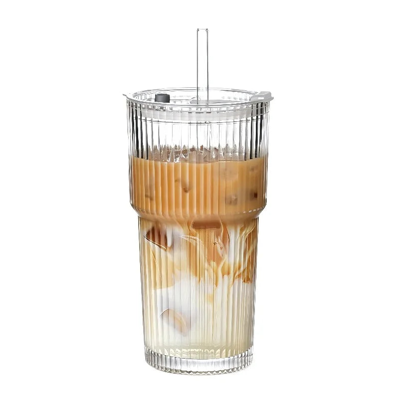400/600ML Striped Glass Coffee Cup Transparent Drinking Cup with Lid and Straw Large Capacity Juice Iced Coffee Cup Drinking Cup Qme 600ml 400-600ml