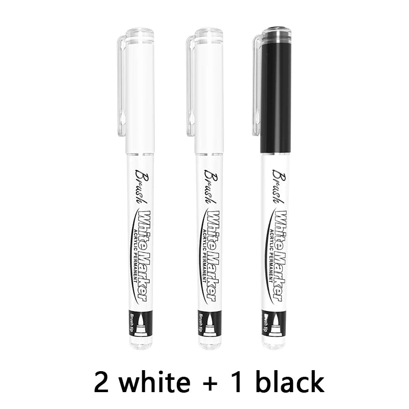 Acrylic Paint Markers - Permanent Black/White Acrylic Paint Pens for Fabric, Rocks, Paper, Wood, Canvas, Glass, DIY Qme 2 white - 1 black