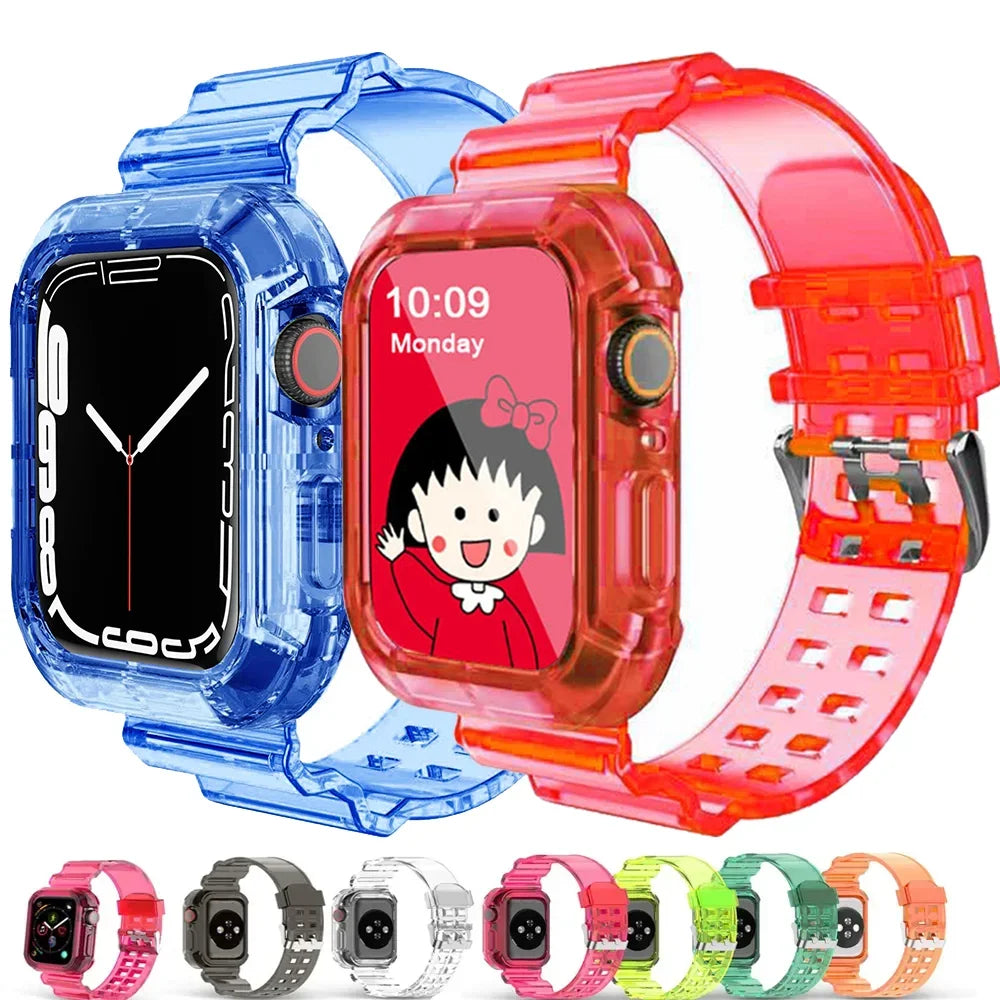 Clear Band + Case for Apple Watch Series 9 8 7 6 SE 5 49mm 45mm 44mm 42mm 41mm Transparent for iwatch 3 38mm 40mm Plastic Strap Qme