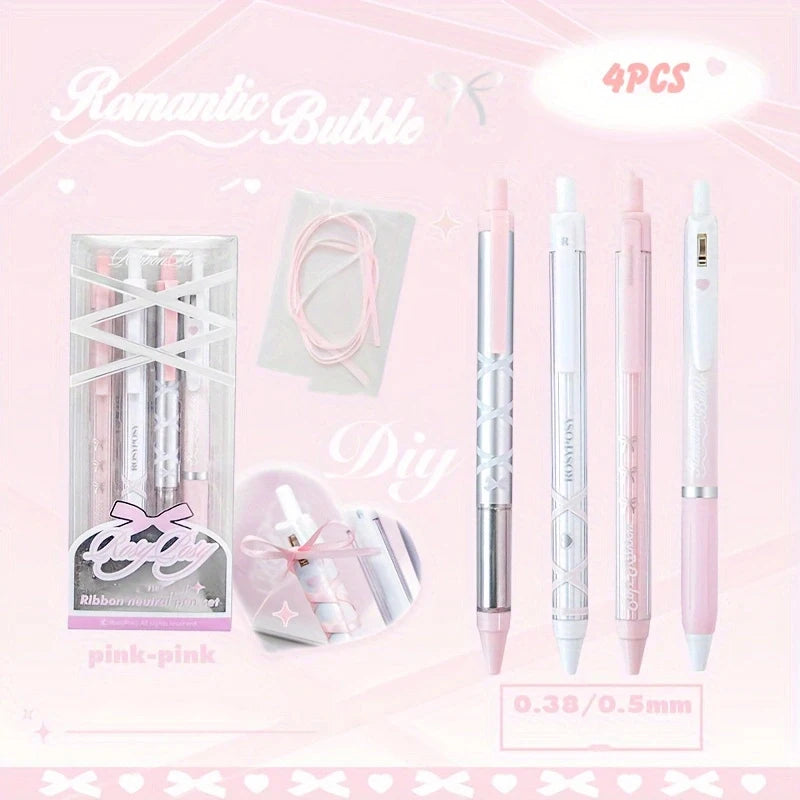 4-Piece Ballet Ribbon Gel Pen Set, Aesthetic Black Ink Neutral Pens, Ideal for Office, Study, Festival Gifts and Event Prizes Qme Pink