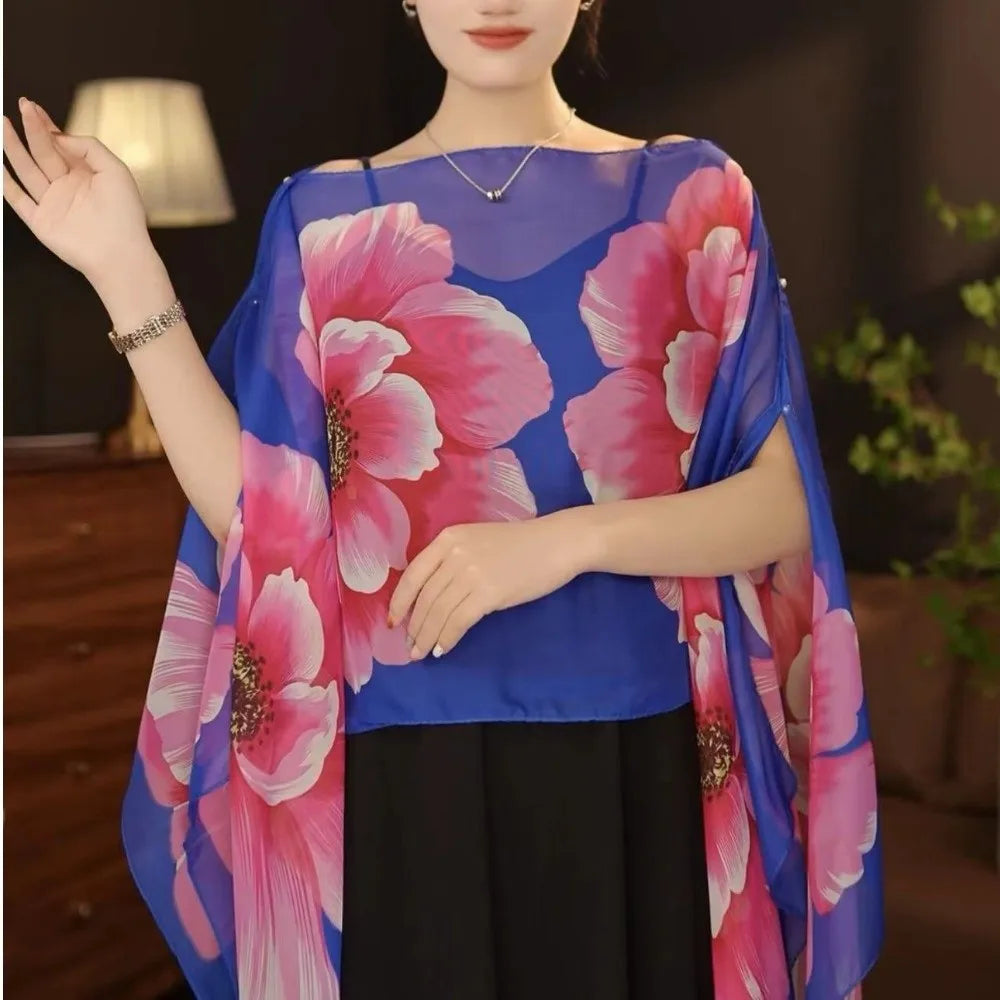 Multifuctional Breathable Shawl Flower Pattern Long Length Sun Protection Shawl Lightweight Breathable Fabric Chiffon Scarf Qme Style F