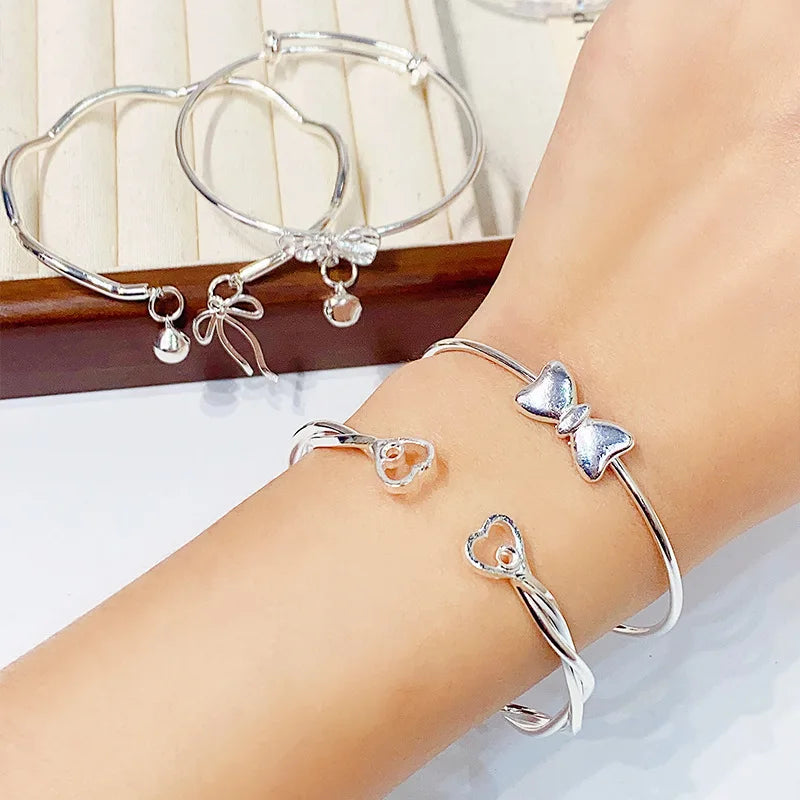 Simple and Irregular Titanium Steel Cute Open bangle Adjustable Butterfly Bell Bowknot Heart Shaped Women's Girl Bracelet Qme