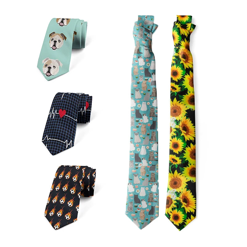 Funny Cartoon Dog Sunflower Print Tie Fashion Casual Polyester Men's Qme