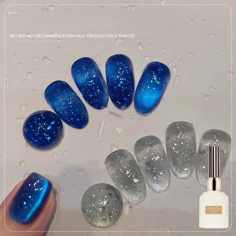 Summer Bubbly Cat Eye Gel Polish, Deep Sea Blue Sparkle Glass Bead Magnetic Nail Gel, 2026 New Shimmer Soak Off Gel for Nail Art Qme