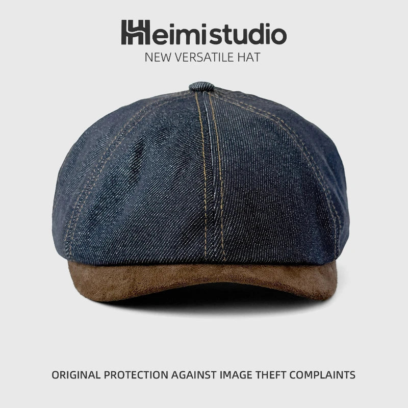 Washed Distressed Vintage Denim Patchwork Beret Painter Hat Qme