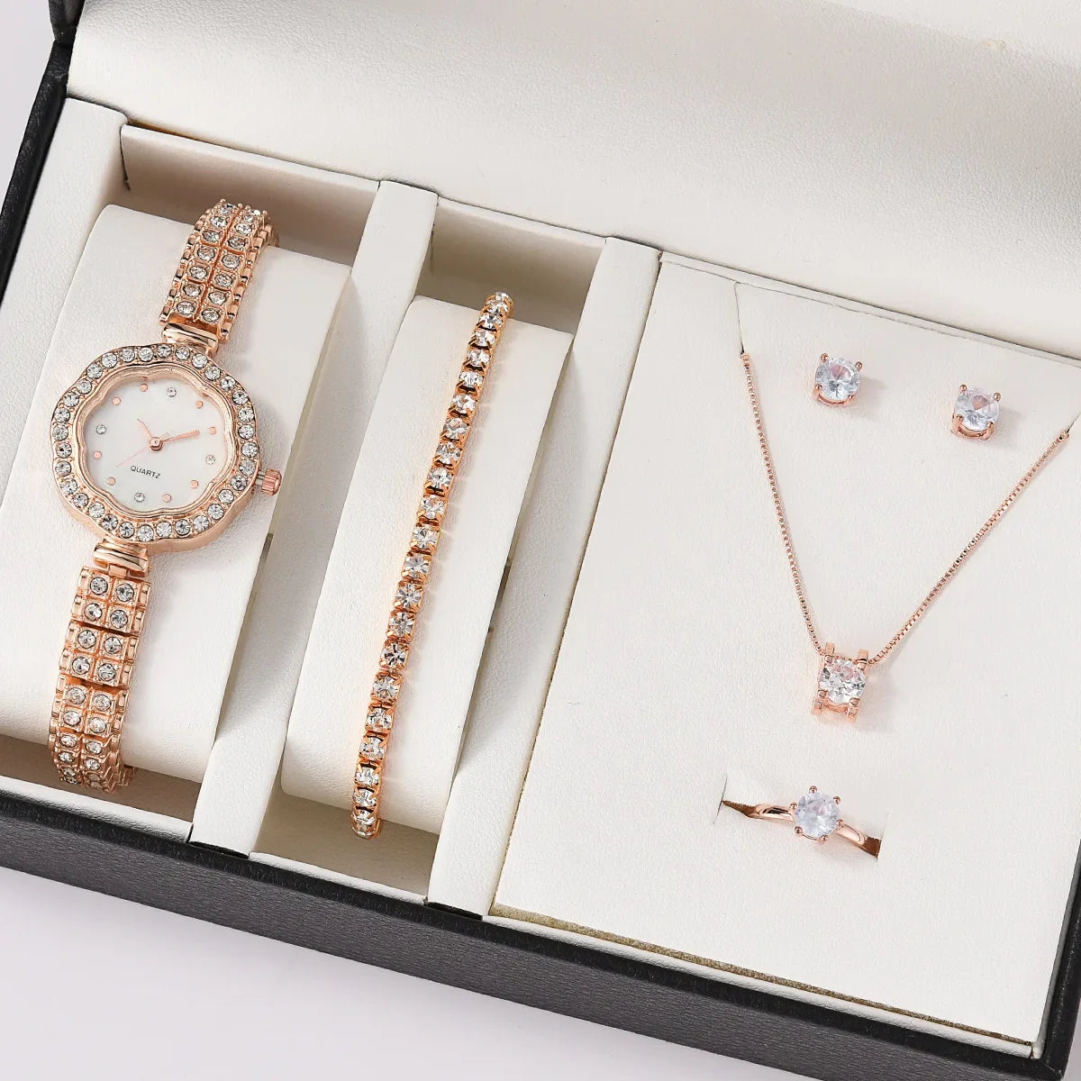 Women Quartz Watch Luxury with Diamonds Simple Stainless Steel Strap Clock Ring Necklace Earrings Rhinestone Set Reloj (no Box) Qme MGJ3