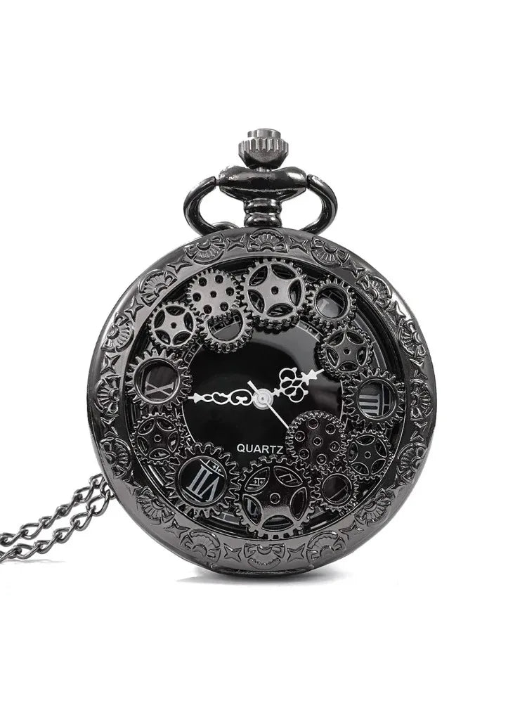 1pcs Punk Copper Retro Hollow Gear Hollow Quartz Pocket Watch Necklace Hanging Bracelet Men and Women with Chain Gift Qme black