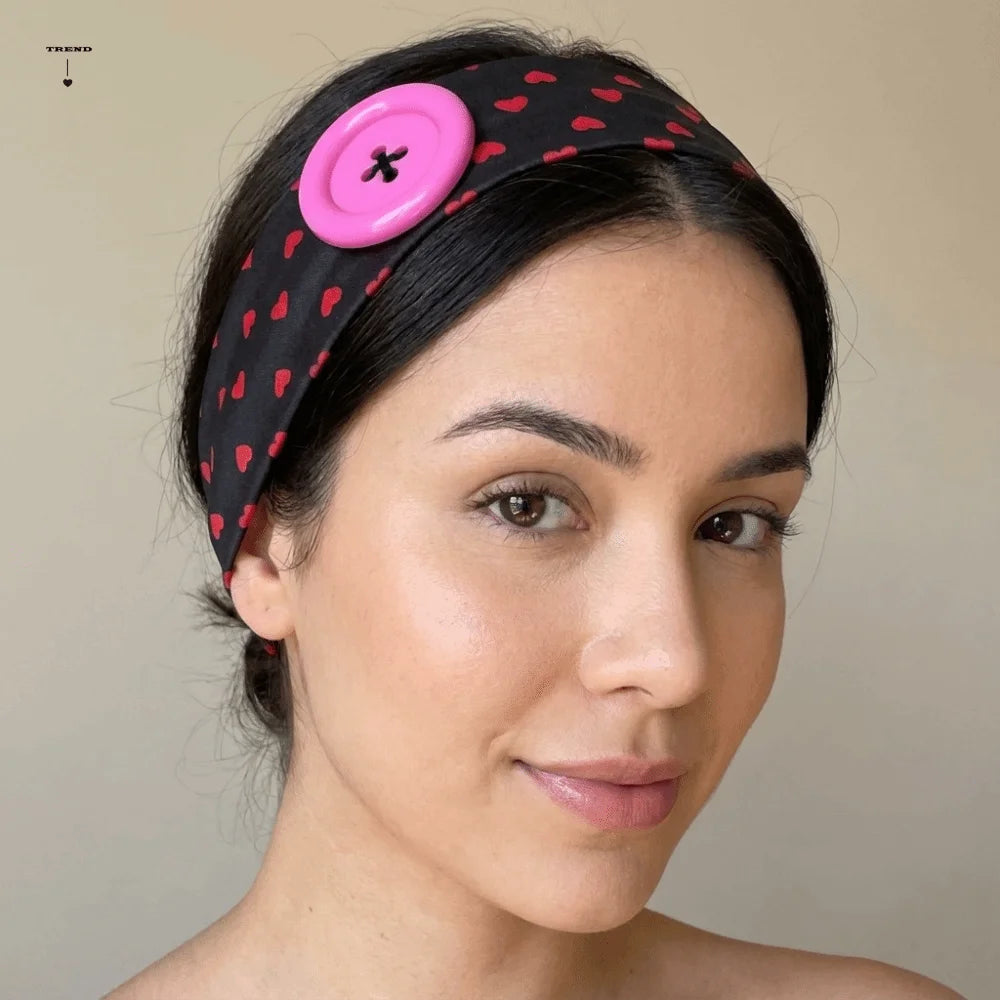 Love Heart Polka Dot Button Headband Elastic Adjustable Yoga Hair Qme