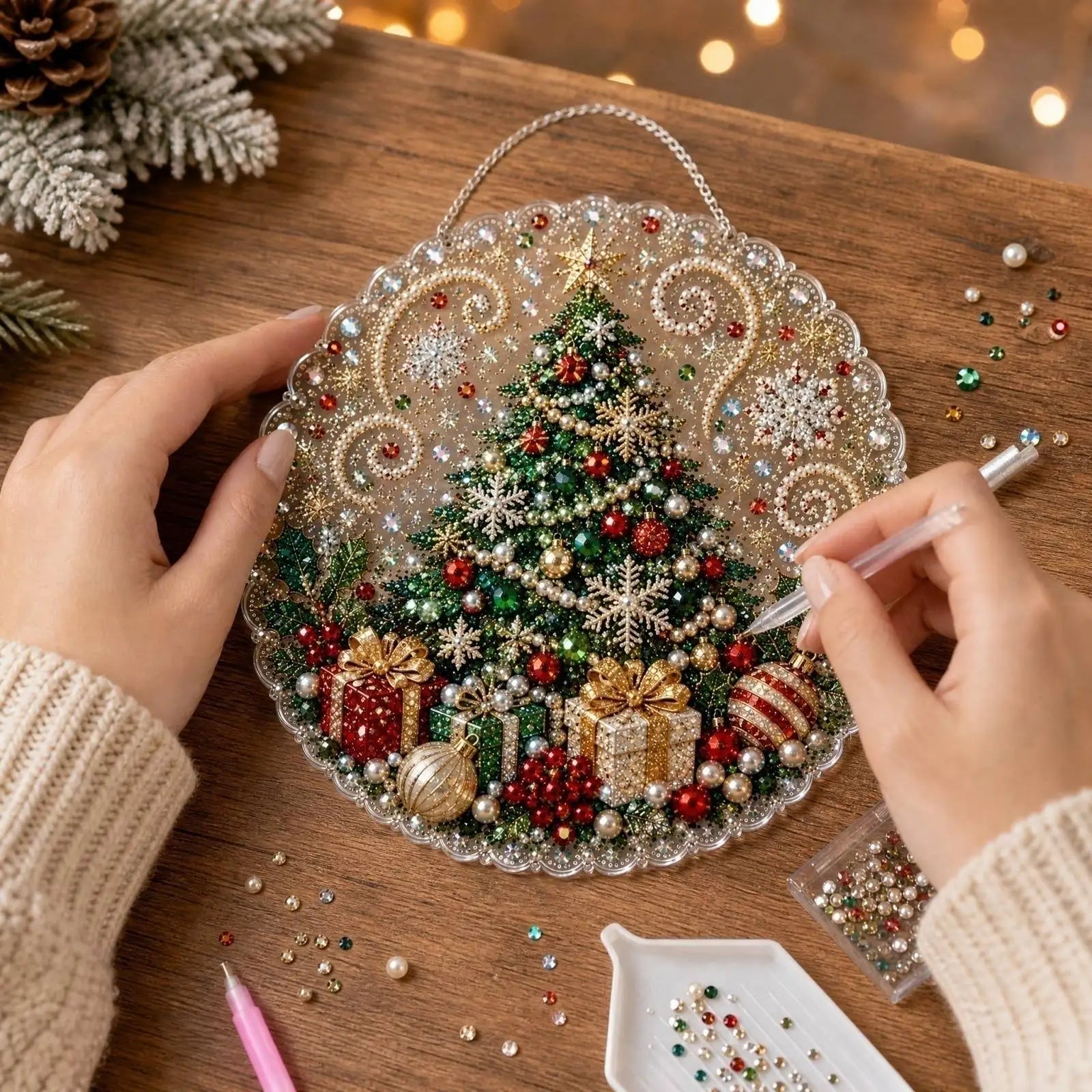 Christmas Scene Pearl and Diamond Hanging Handmade Material Kit DIY Set for Holiday Home Store Decor Creative Gift Qme