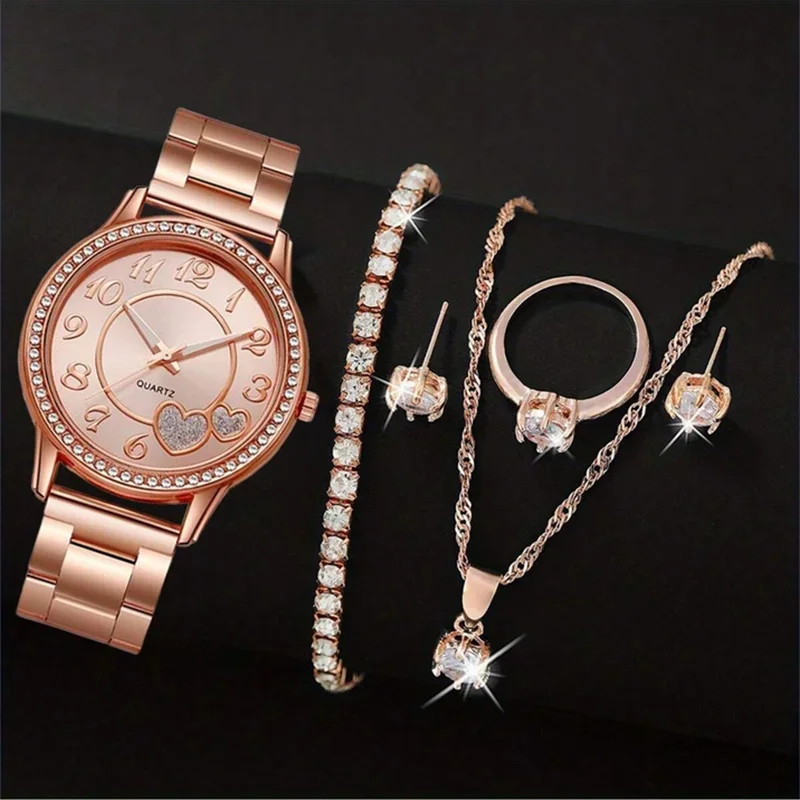 6pcs Leisure and Fashion Steel Belt Love Women's Watch Set Qme Rose Gold Set