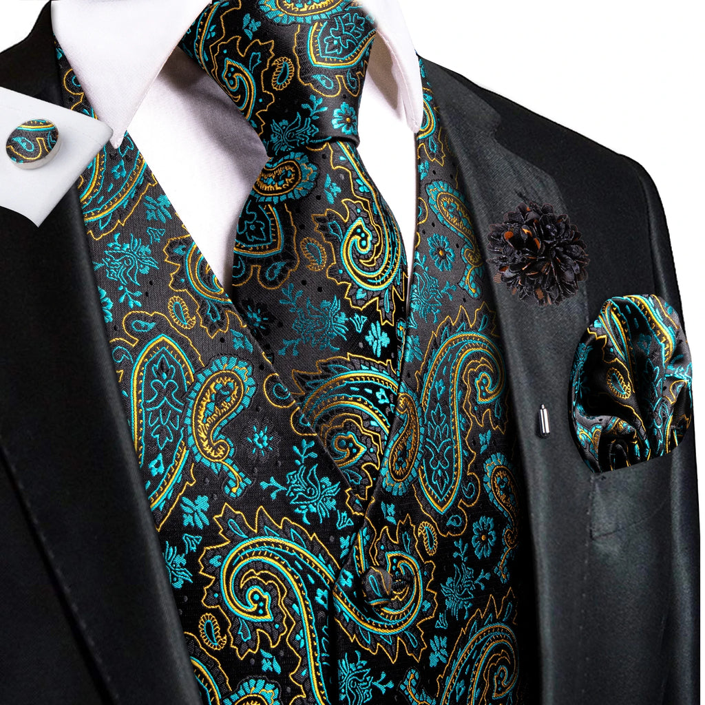 Mens Vests Jacquard Waistcoat Neck Tie Hanky Cufflinks Brooch Men Qme MJ-3016-0091 XL