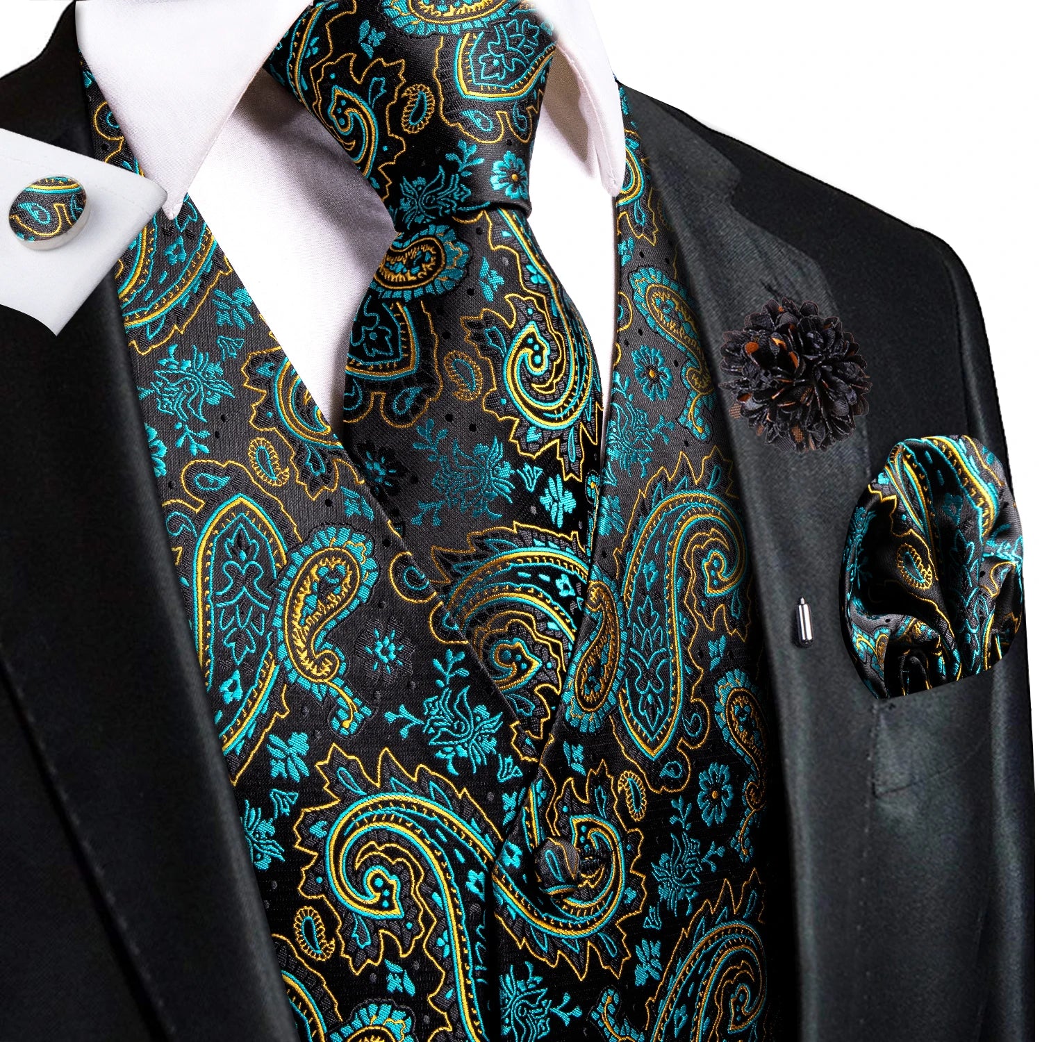 Mens Vests Jacquard Waistcoat Neck Tie Hanky Cufflinks Brooch Men Qme MJ-3016-0091 XL