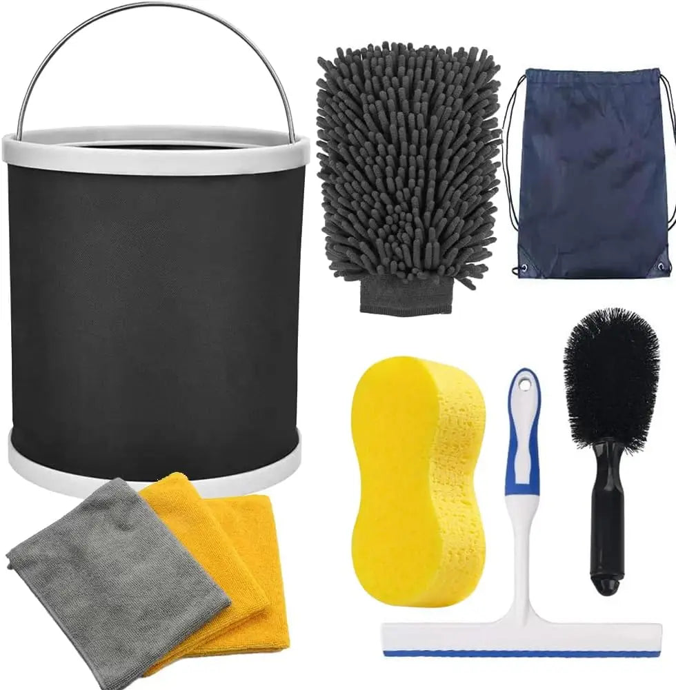 Car Wash Detailing Kit Cleaning Kits with Bag Collapsible Bucket Wash Mitt Sponge Towels Tire Brush Window Scraper Qme black