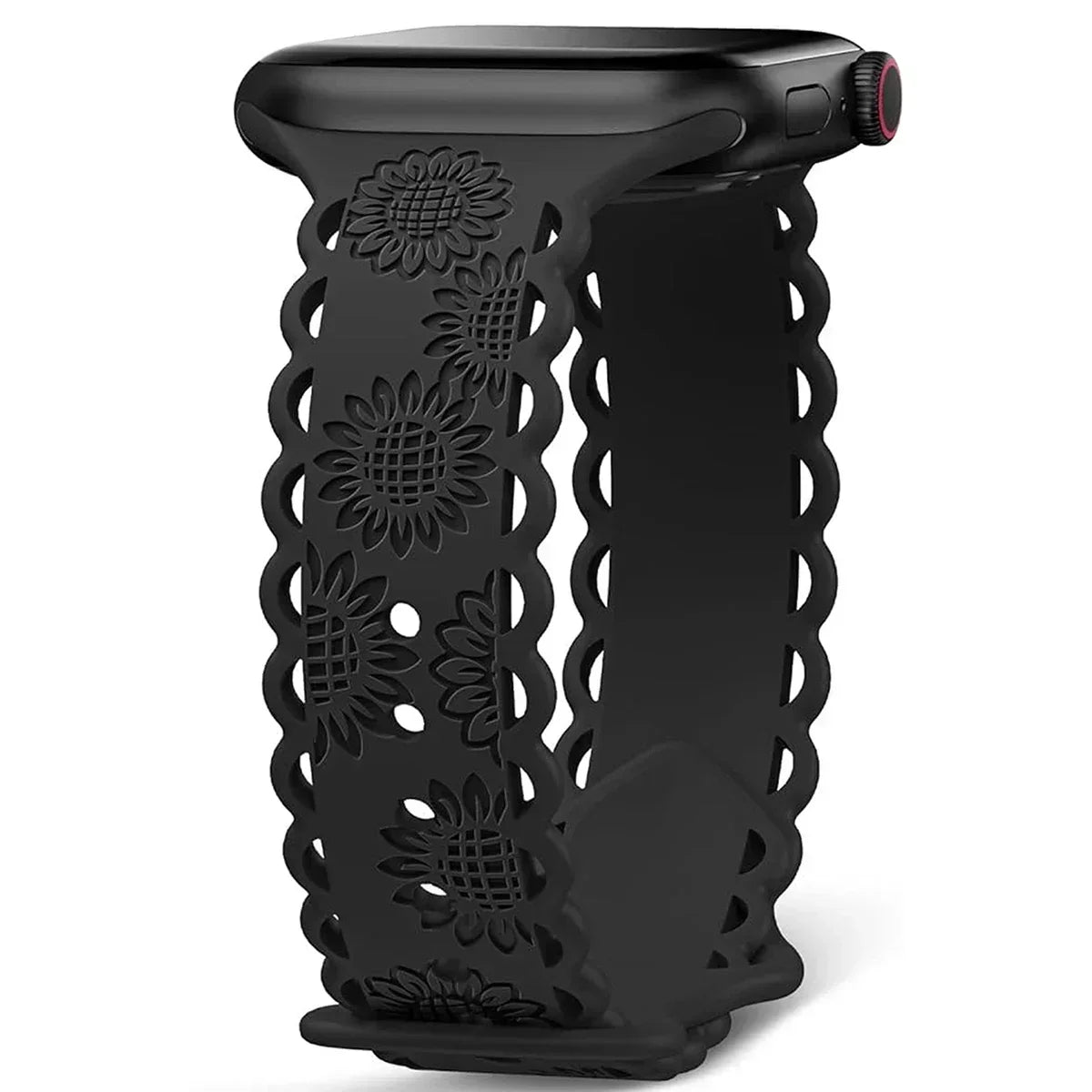 Engraved Floral Strap for Apple Watch Ultra2 49mm 45 44 42 41 40mm 38mm Silicone Band for IWatch Series 9/8/7/6/5/4/3/2/SE Ultra Qme Black 42mm 44mm 45mm 49mm