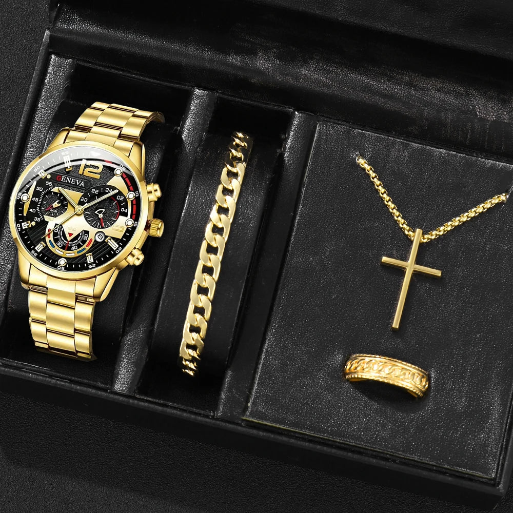 4Pcs Cross Men Watch Jewelry Set Silver Stainless Steel Chronograph Wristwatch Cuban Bracelet Cross Necklace Ring Gift For Him Qme Gold