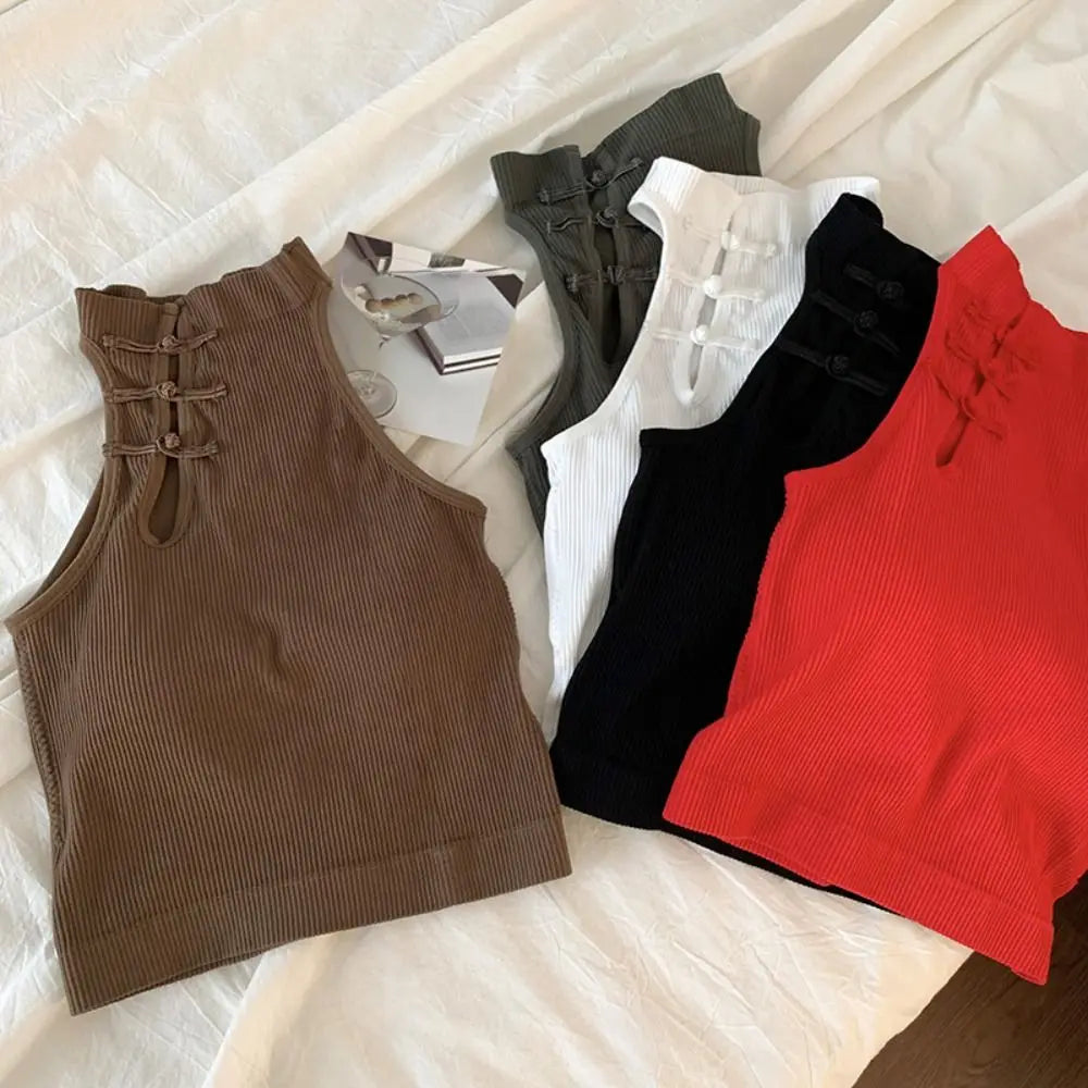 Frog Buckle Cheongsam Style Skinny Vest Sleeveless Backless Slim Crop Top Streetwear Ethnic Style Tanks Tops Women Spicy Girls Qme