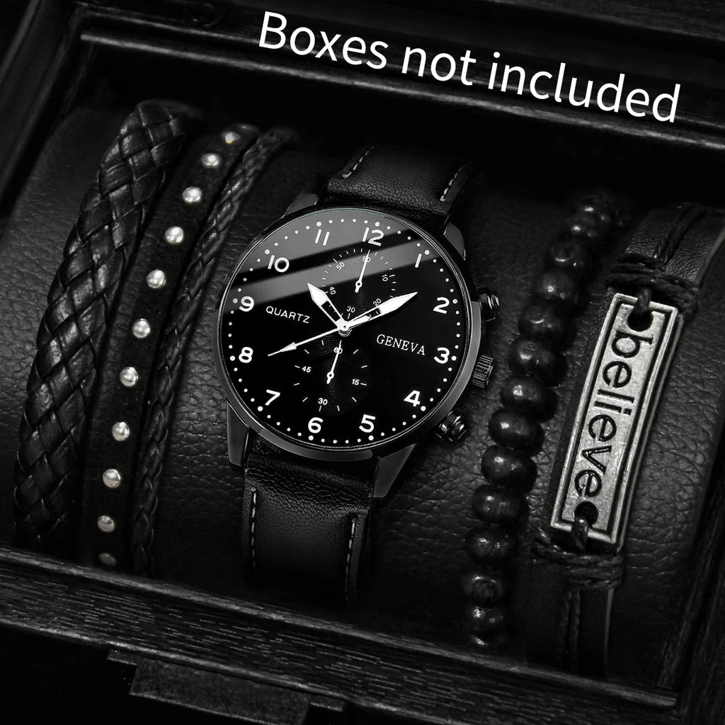 5Pcs Men Geneva Watch Bracelet Set Black Leather Chronograph Quartz Wristwatch Braided Leather Bead Believe Bracelets Jewelry Qme