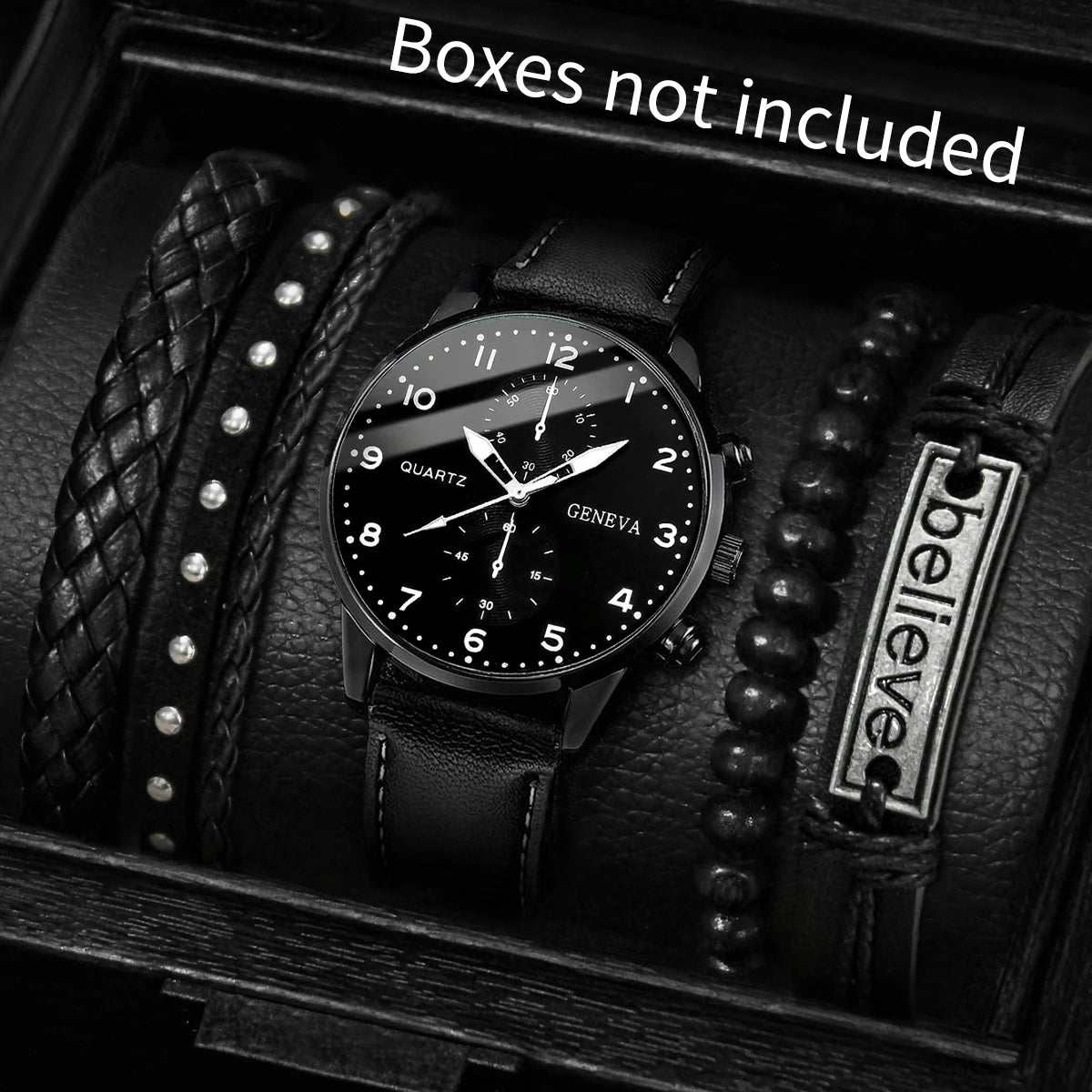 5Pcs Men Geneva Watch Bracelet Set Black Leather Chronograph Quartz Wristwatch Braided Leather Bead Believe Bracelets Jewelry Qme