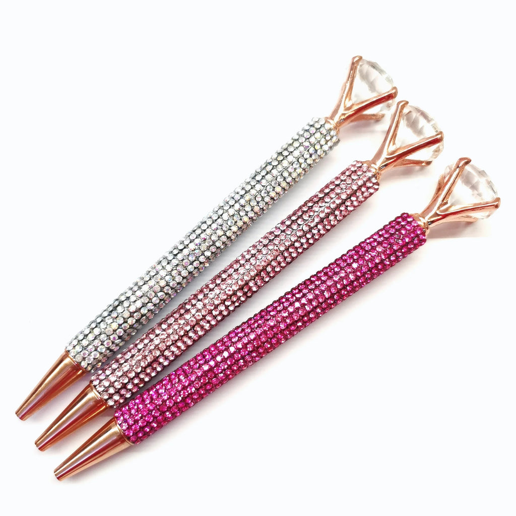Bling Rhinestone Ballpoint Pen Large Crystal Diamond Top Rose Gold Metal Shiny Diamond Pen Gift for Wedding Office School Women Qme