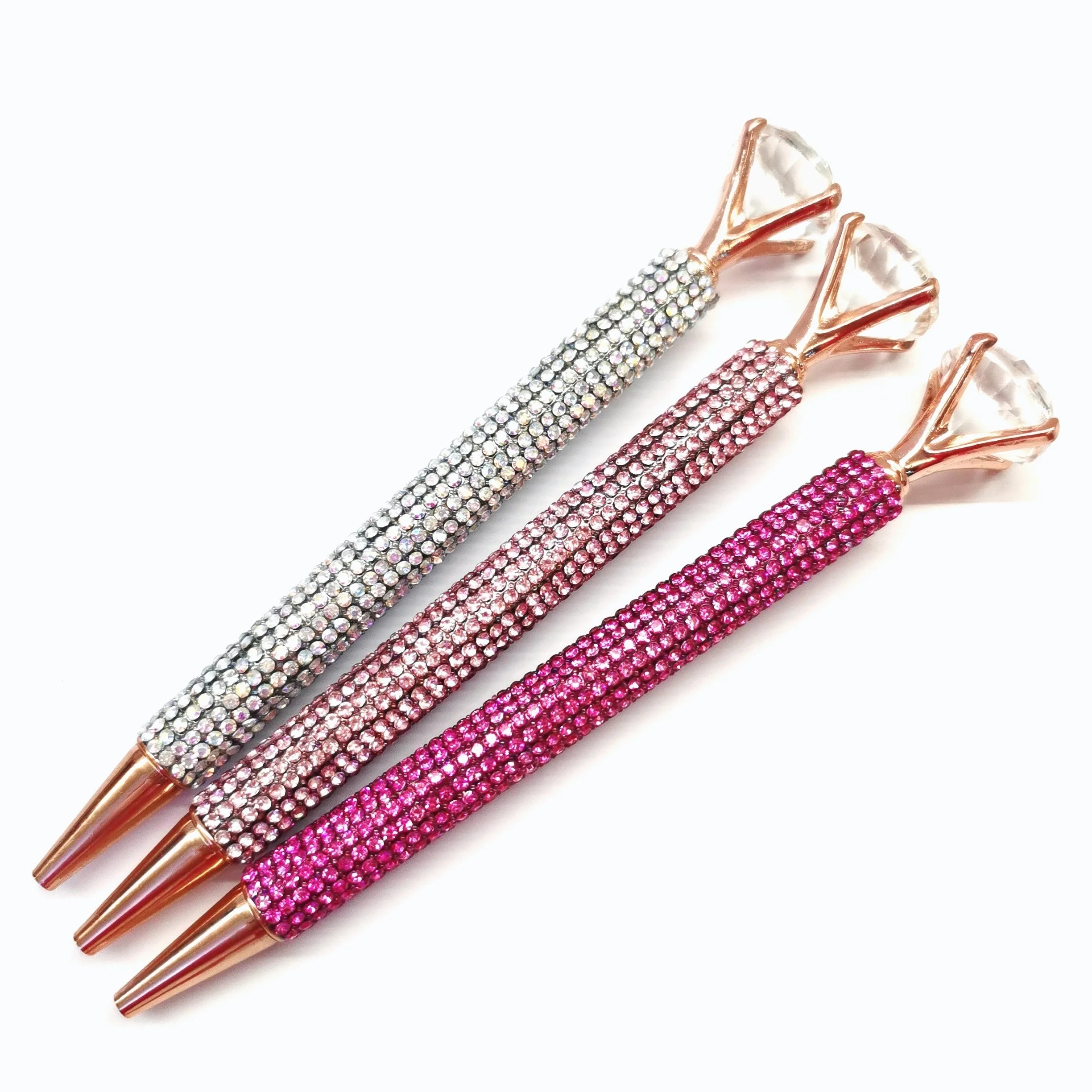 Bling Rhinestone Ballpoint Pen Large Crystal Diamond Top Rose Gold Metal Shiny Diamond Pen Gift for Wedding Office School Women Qme