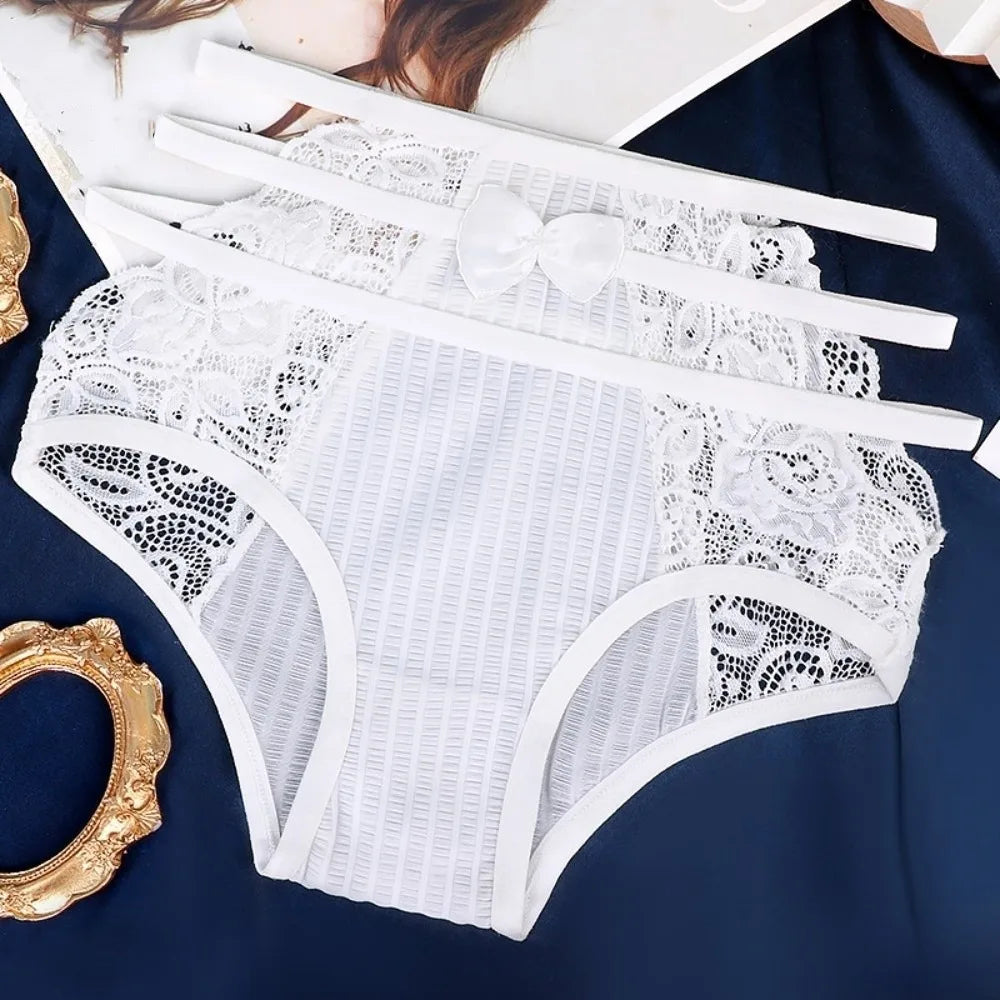 Sweet Hollow Out Women's Panties Mesh Waist Briefs Lingerie Lace Qme White L 1pc