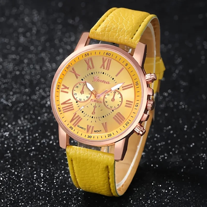 Fashion Quartz Watch Men Women Round Zinc Alloy Case PU Leather Strap Qme