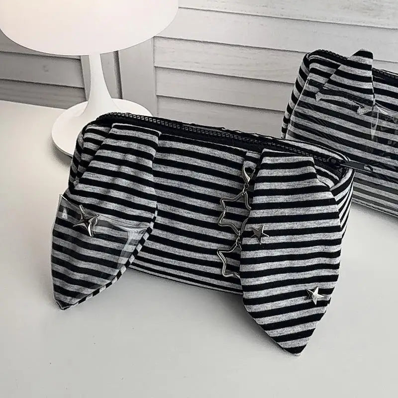 Striped Devil Horn Pencil Case Wear Resistant Large Capacity Portable Qme