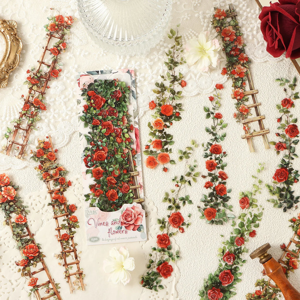 10 Pcs Vintage Rose Plant PET Sticker Pack for Junk Journal Scrapbooking Aesthetic Diary Deco School Account Stationery Stickers Qme