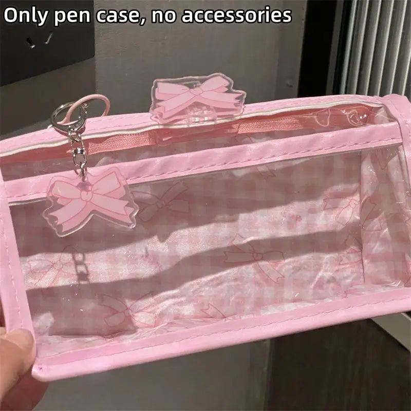 Sweet Bow Zipper Transparent Pencil Case Box Large Capacity Makeup Qme Pink