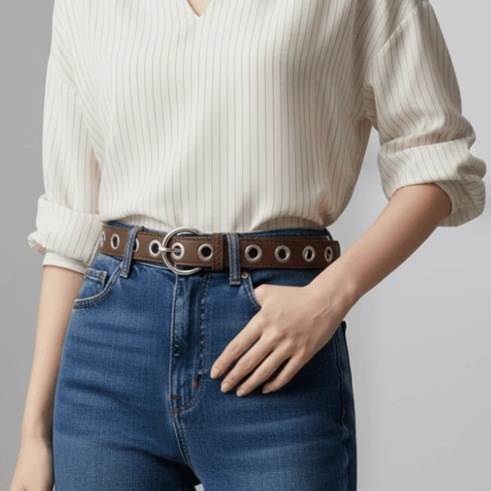 Adjustable Fashion Grommet Belt Durable Parallel Holes Punk Rock Waistband Universal Width Fit Polished Metallic Shine Qme
