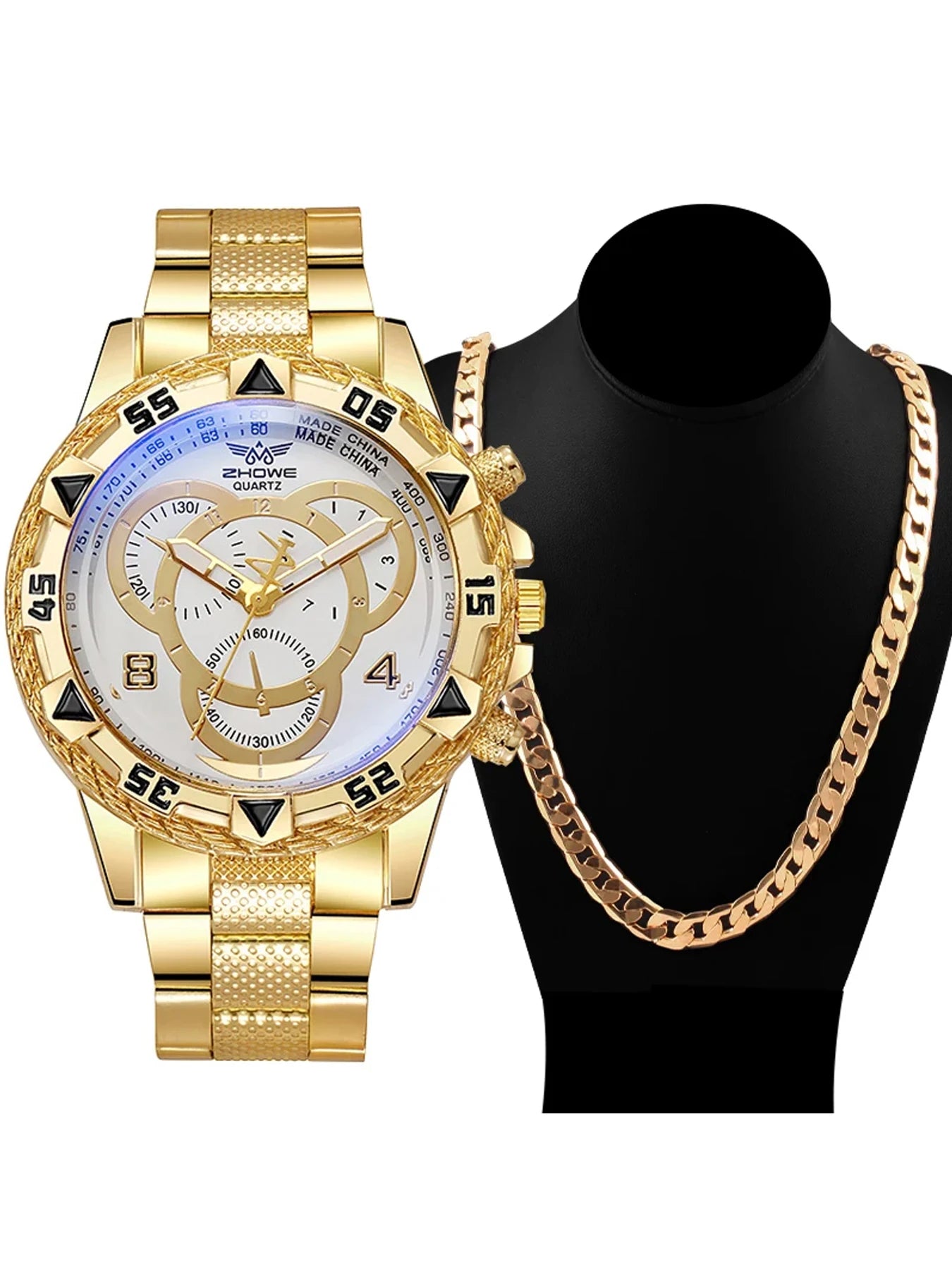 Business Blue Light Men's Watch Large Dial Quartz Watch Silicone Strap Set Qme Rose