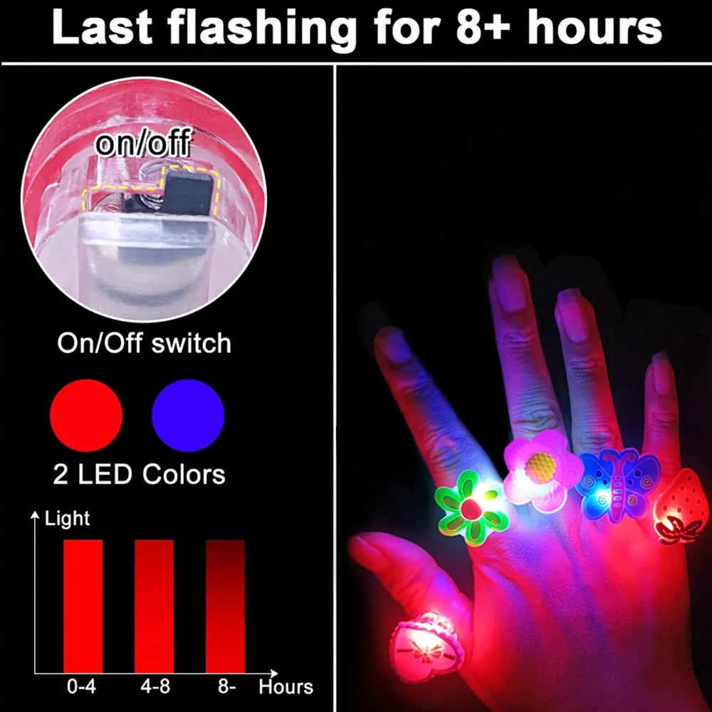 20/50pcs Cartoon LED Luminous Finger Rings Animal Flower Light Up Finger Ring Toys Glowing Rings Glow in The Dark Party Supplies Qme