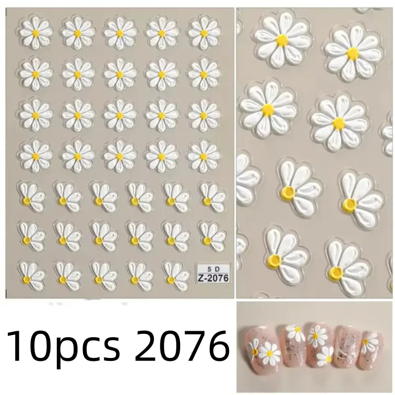5D Flower Daisy Embossed Stickers Nail Sliders Decals Daisy White Florals Petals Flowers Back Glue Nail Sticker Decoration Qme 10pcs 2076