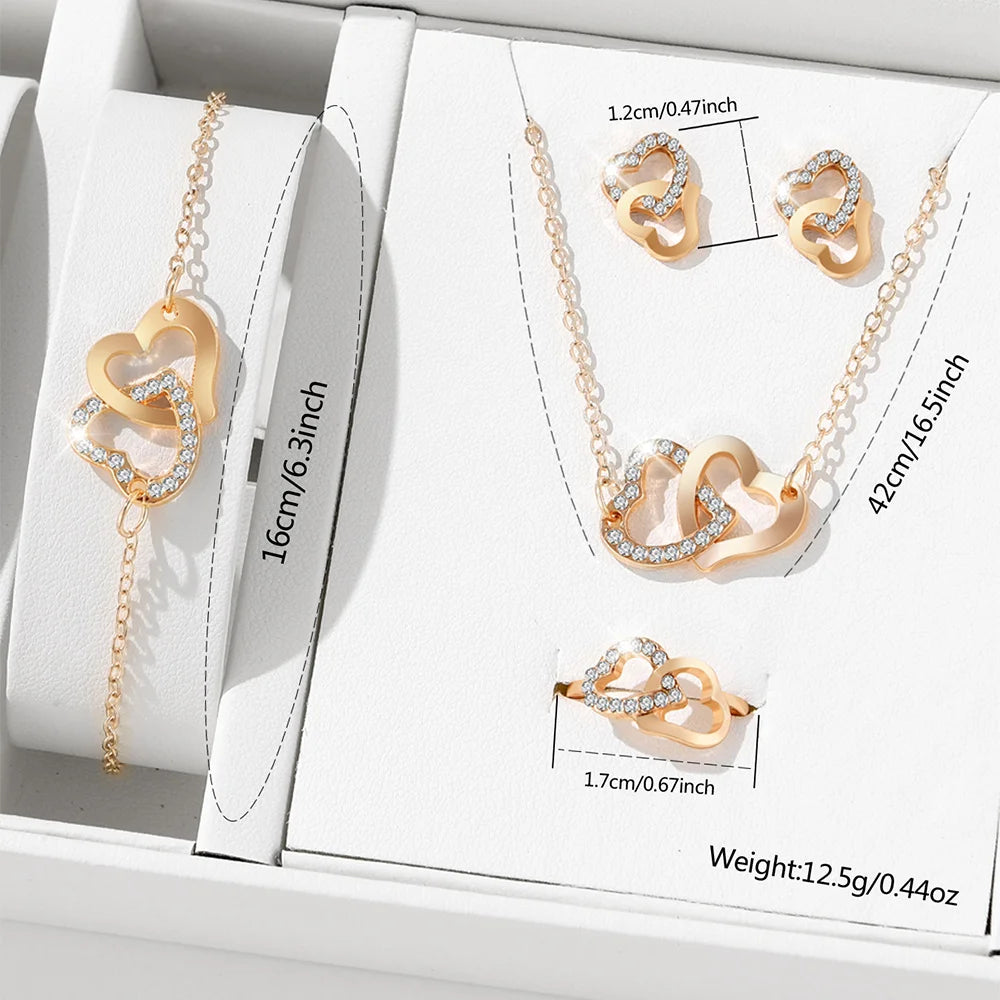 5-Piece wedding Fashionable &Exquisite Gold Rhinestone Heart Jewelry Set - Earrings, Necklace, Bracelet and Ring Combination Qme