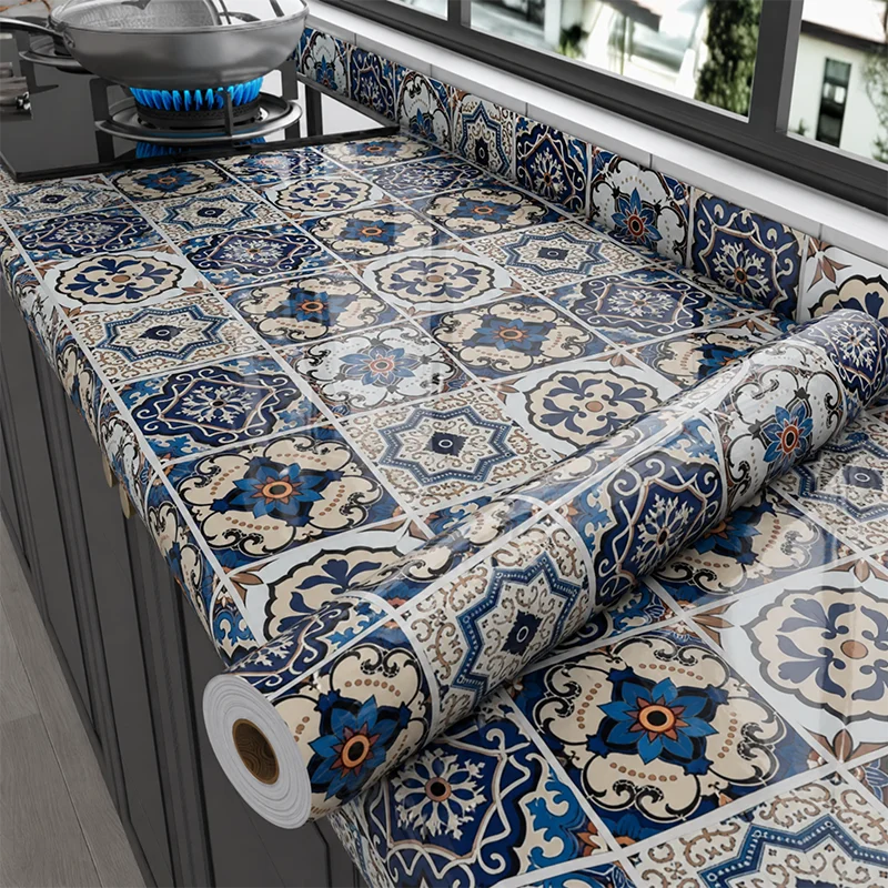 Self‑Adhesive Antique Floral Tile Wall Film Waterproof High‑Temp Resistant Anti‑Oil Easy Install Cooking Area Protection Sticker Qme