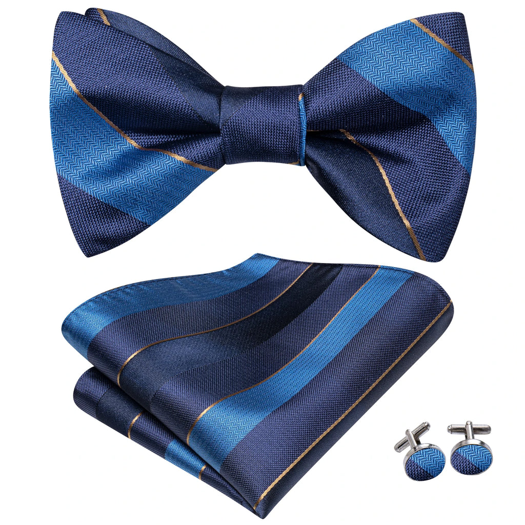 Hi-Tie Men's Bow Tie Handkerchief Cufflinks Set Blue Plaid Stripe Pattern Hand Tied Wedding Business Qme