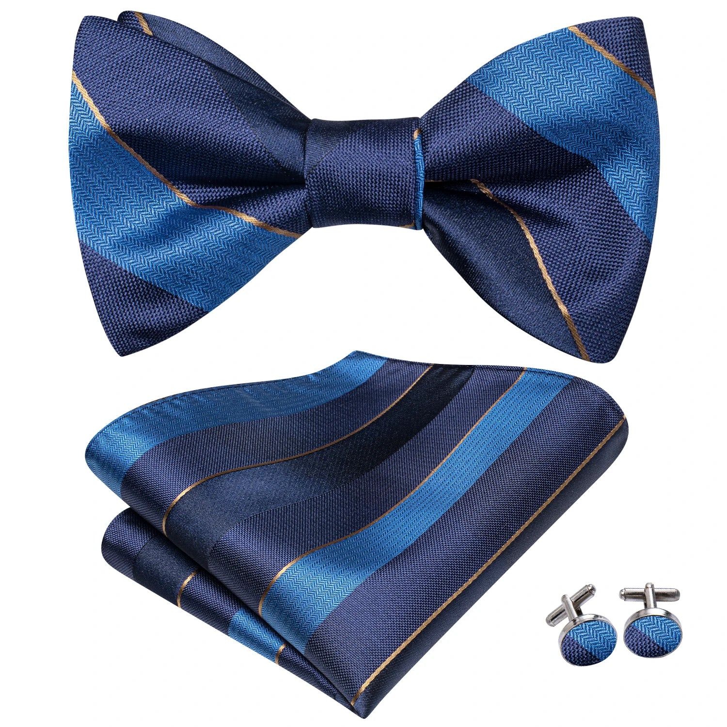 Hi-Tie Men's Bow Tie Handkerchief Cufflinks Set Blue Plaid Stripe Pattern Hand Tied Wedding Business Qme
