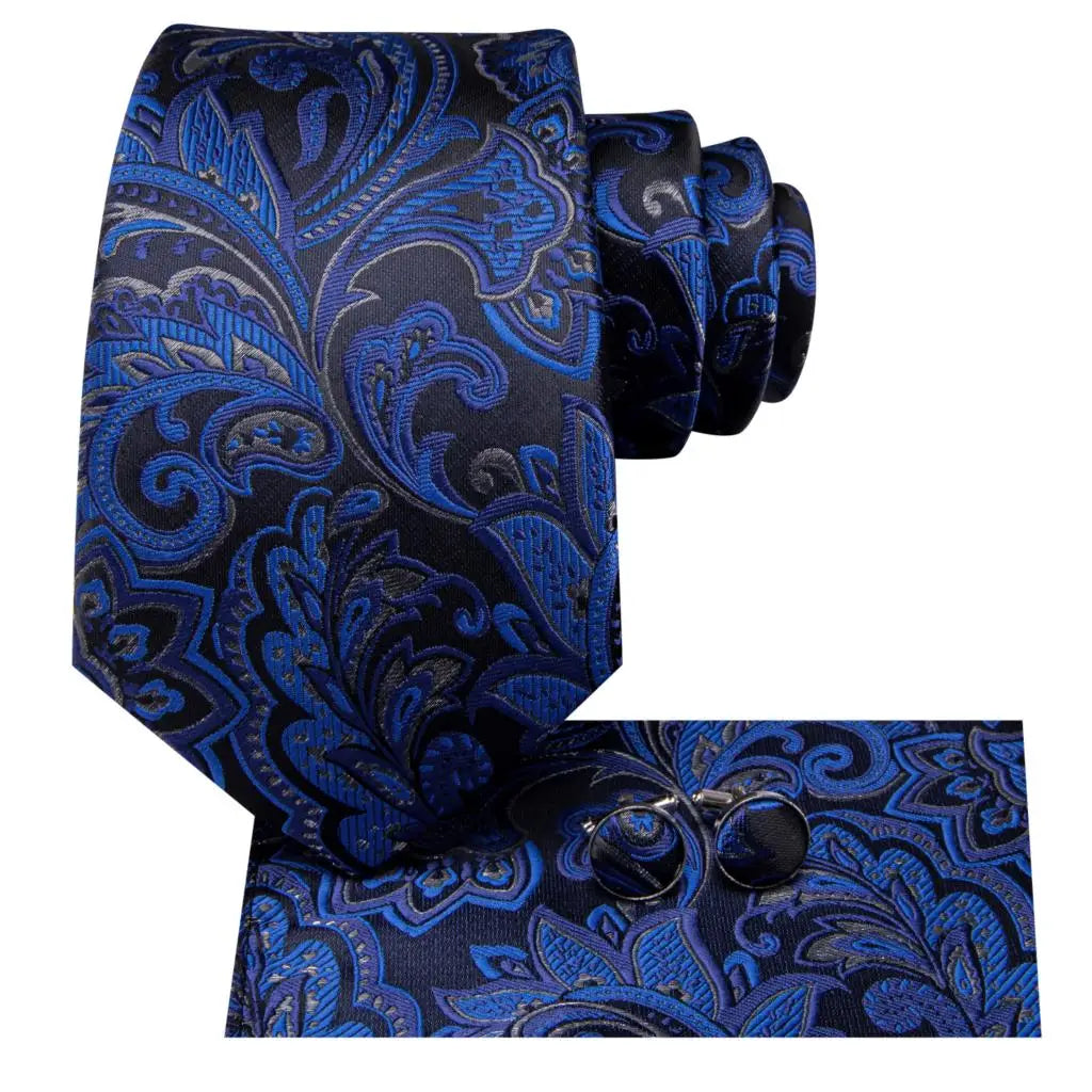 Hi-Tie Navy Blue Floral Striped Silk Elegant Tie For Men Groom Wedding Men Necktie Pocket Square Cufflink Accessory Wholesale Qme