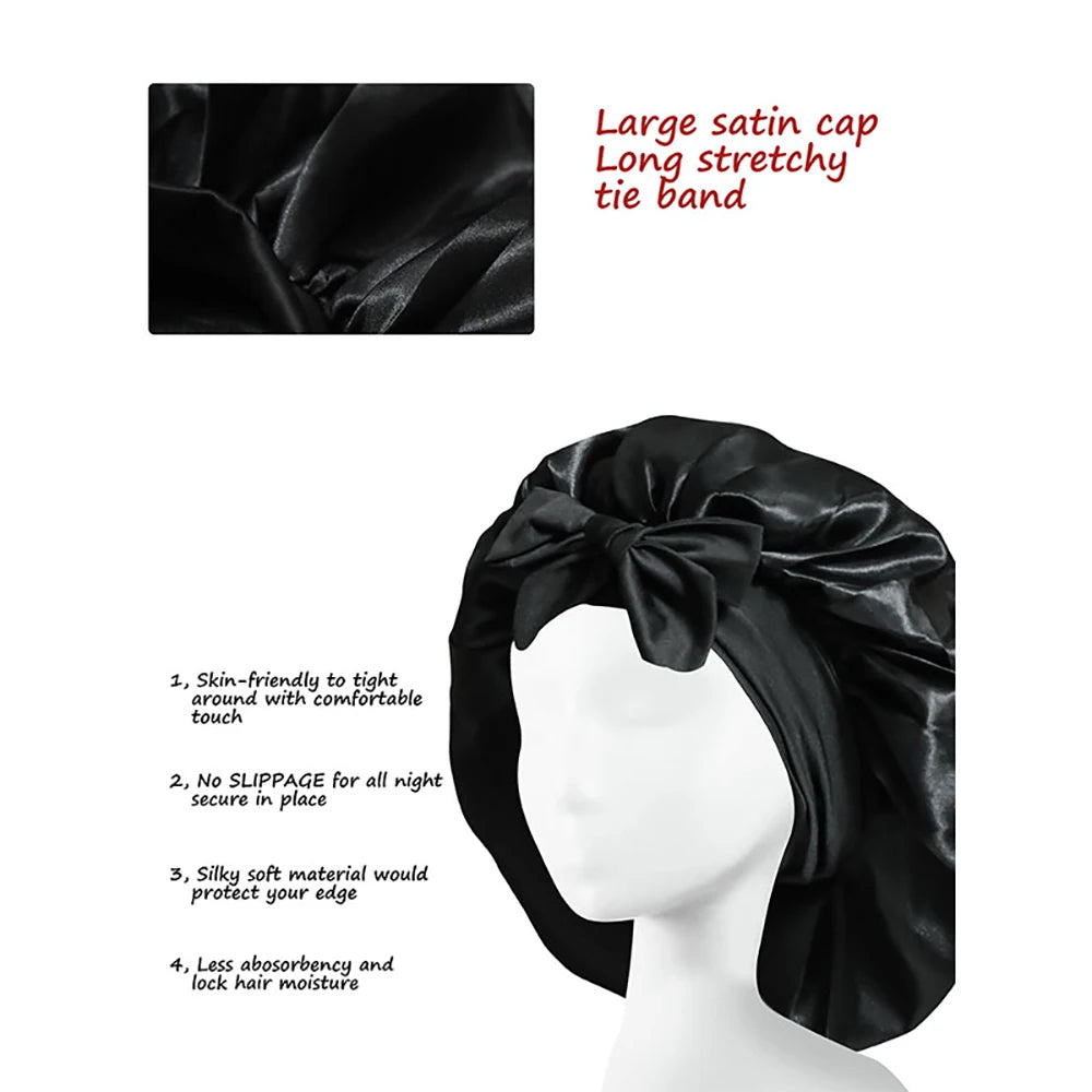 Satin Solid Hair Dye Cap With Stretchy Tie Band Elastic Night Shower Cap Adjustable Hair Head Cover Bonnet Turban For Women Men Qme