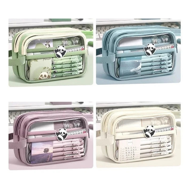 Handheld Double Layer Transparent Pencil Case Pen Bag Hitting Square Qme
