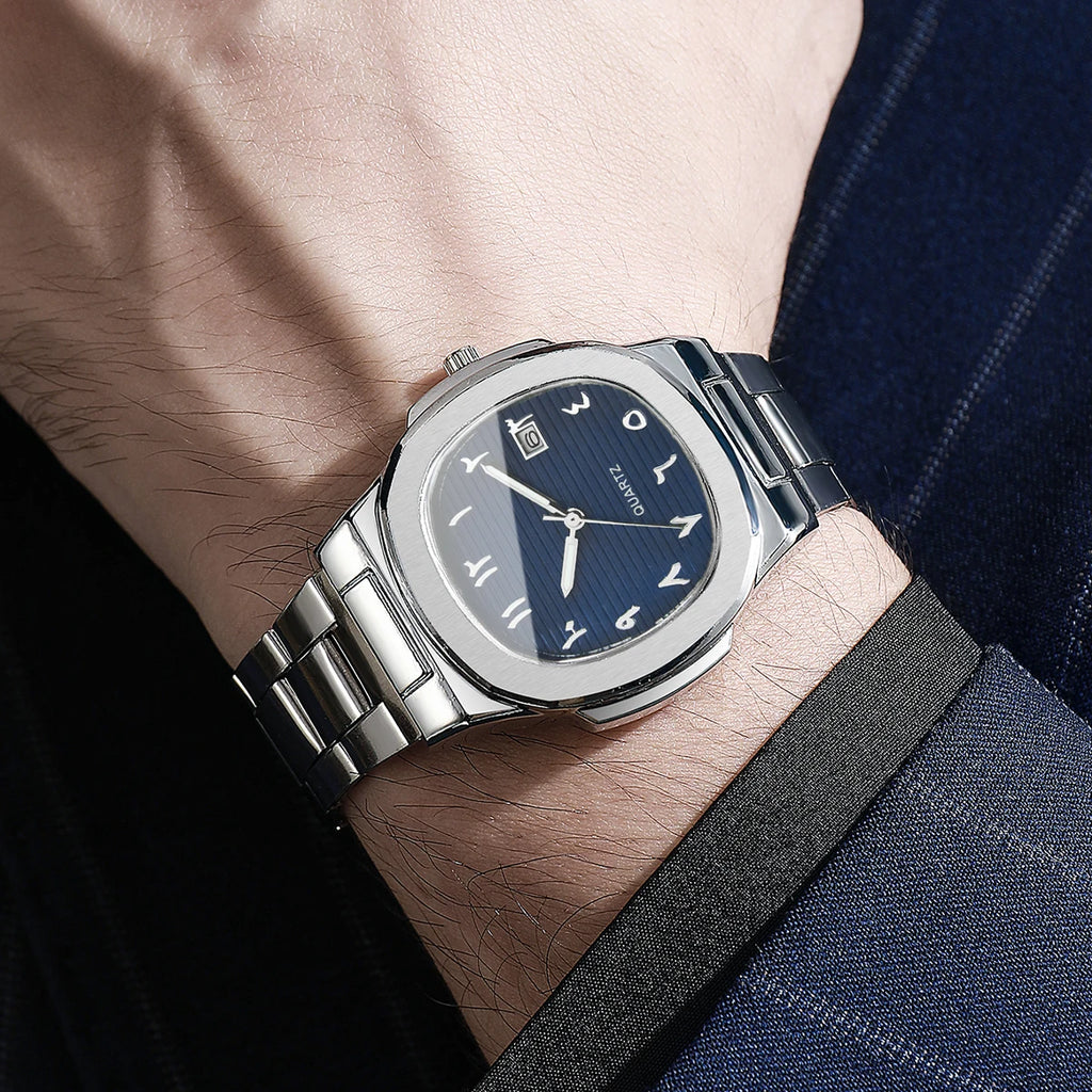 Men's Casual Silver Jewelry Set, Blue Dial Arabic Numeral Quartz Watch with Stainless Steel Band and Cross Cutout Ring Qme