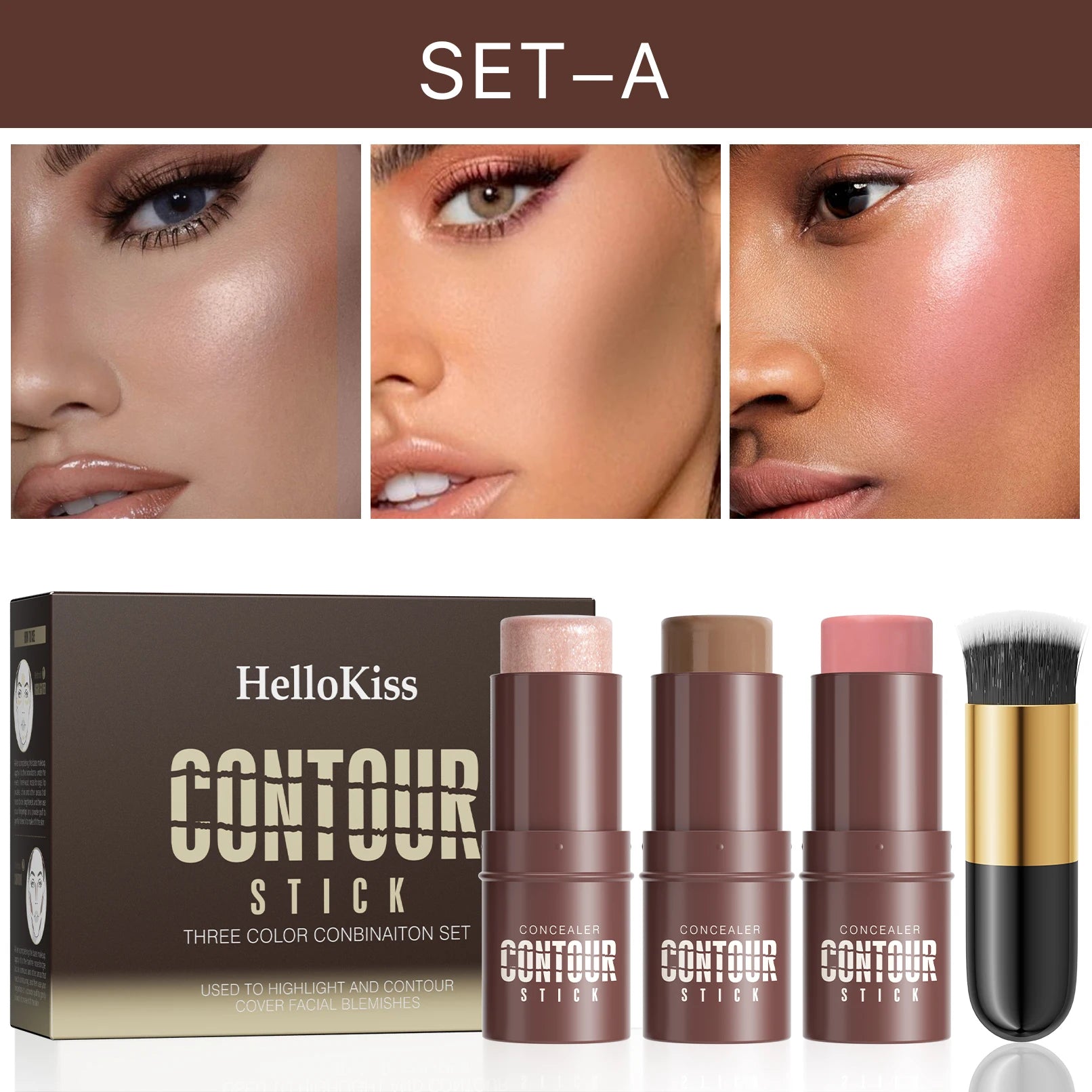 4-Piece Contour Stick Set with Highlighter, Blush & Bronzer Plus Golden Powder Brush - Waterproof Cream for All Tones, Shimmery. Qme 9517A-020