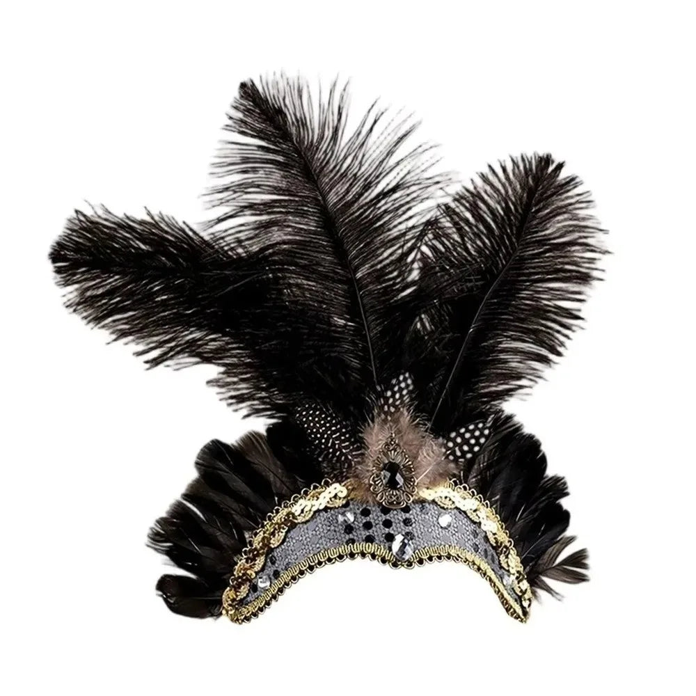 Exquisite Colorful Feather Headpiece Vintage Glitter Sequin Headband Qme Black