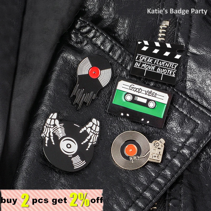 Punk Music Lovers Enamel Pin Good Vibes Tape DJ Vinyl Record Player Badge Brooch Lapel Pins Jeans Shirt Jewelry Gifts Wholesale Qme