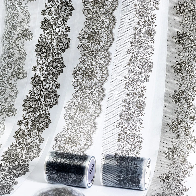 55mm*2m Black White Lace PET Tapes DIY Scrapbooking Junk Journal Aesthetics Decor Diary Collage Masking Tape Stationery Supplies Qme