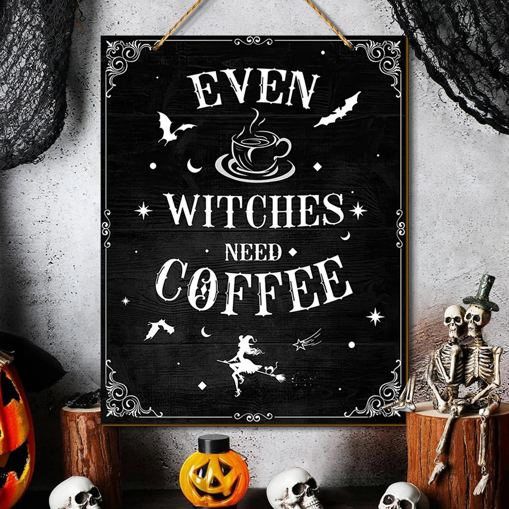 Halloween Wooden Wall Hanging Sign - Retro "Even Witches Need Coffee" Witch Coffee Cup Bat, Halloween Kitchen Home Decoration Qme
