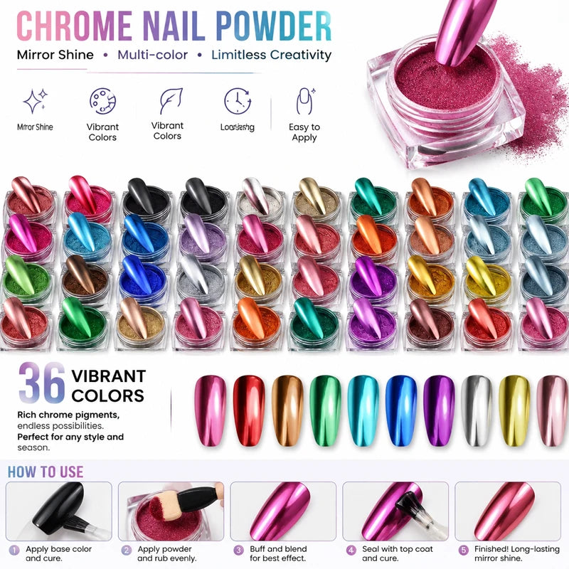 36 Boxes Metallic Mirror Chrome Nail Powder Aurora Shimmering Gold Qme