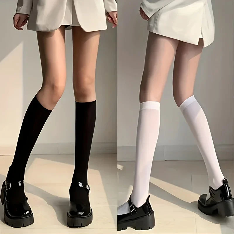 Women's Calf Socks - Black White Thin JK Style Knee High Socks, Slimming & Shaping, Non-slip,Breathable For Daily Wear Qme