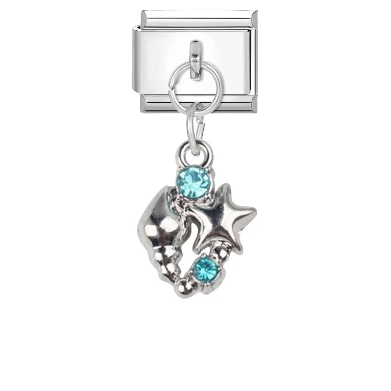 2025 Shiny Zircon Shells Starfish Conch Blue Italian Charm Links Fit 9mm Stainless Steel Bracelet Women Jewelry DIY Making Gifts Qme Style 11
