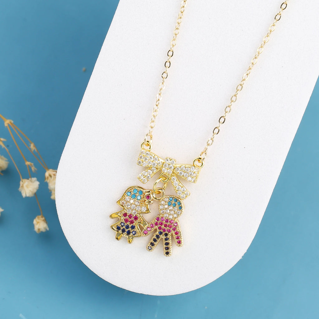 Fashion Son Daughter Heart Gold Color Cubic Zirconia Family Girl Boy Pendant Necklace Copper Chain Jewelry For Mother Gift Qme 3
